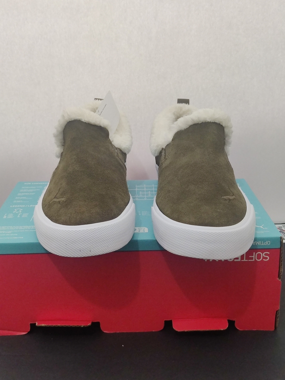 Puma Olive Green Suede Slip-On Sneakers with Cream Shearling Collar - Picture 3 of 7
